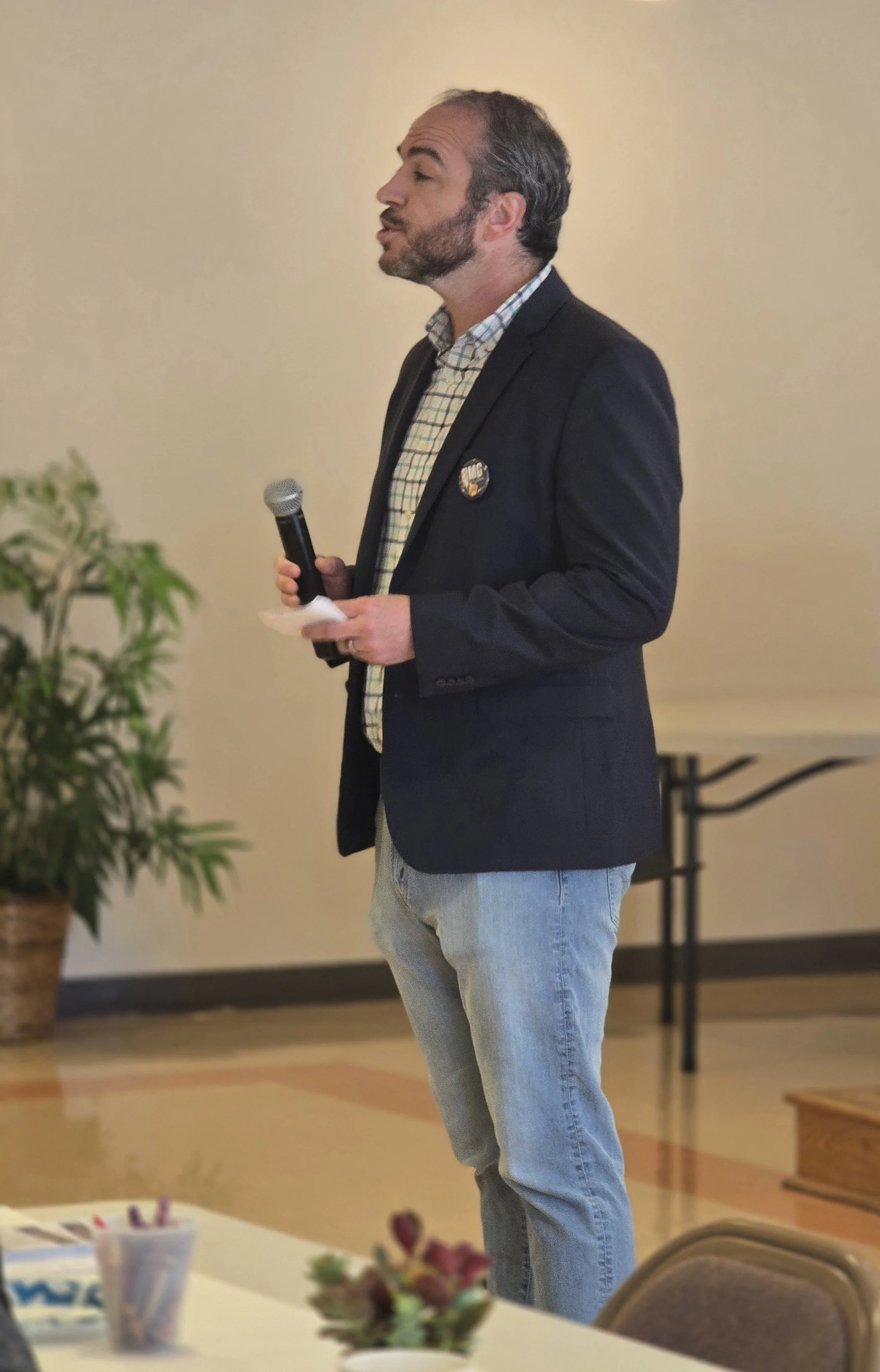 Pennsylvania senate candidate Bradley Merkl-Gump speaking to a group.