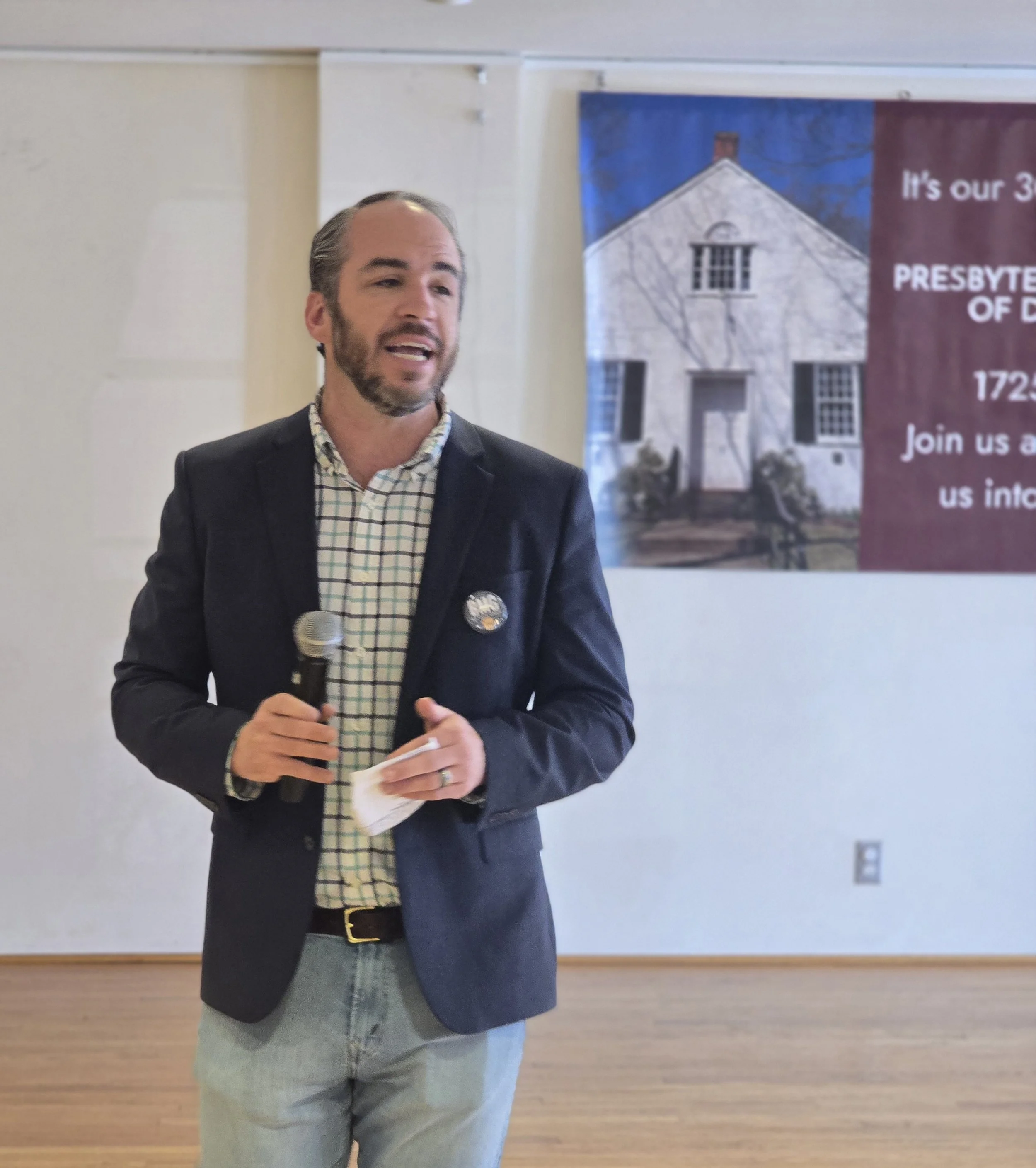 Pennsylvania senate candidate Bradley Merkl-Gump speaking to a group.