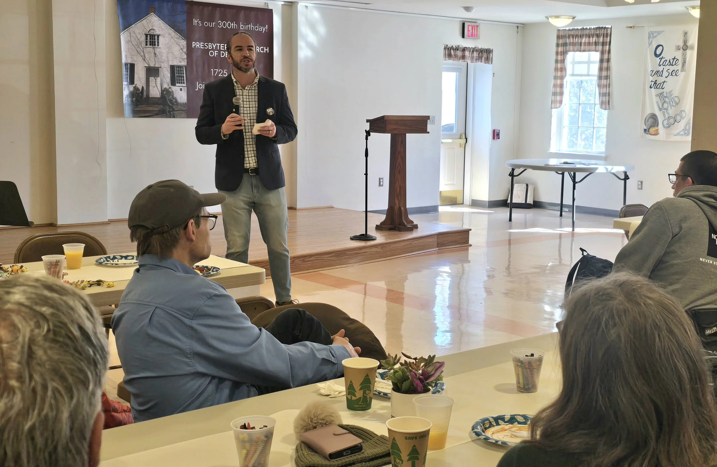 Pennsylvania senate candidate Bradley Merkl-Gump speaking to a group.