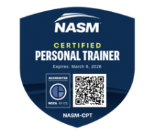 NASM Certified Personal Trainer badge with a QR code and expiration date of March 6, 2026.