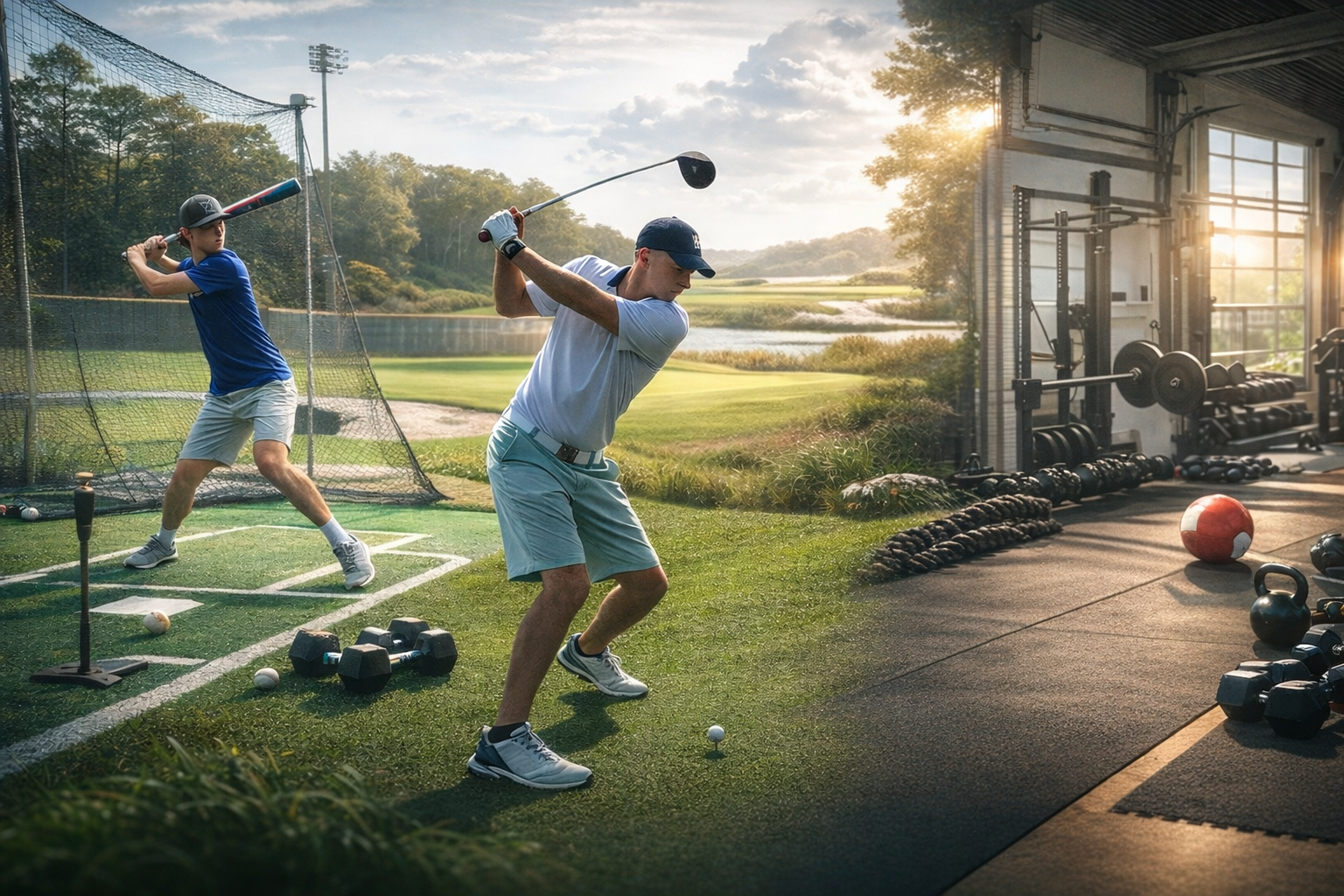 Baseball batter, golfer and gym equipment