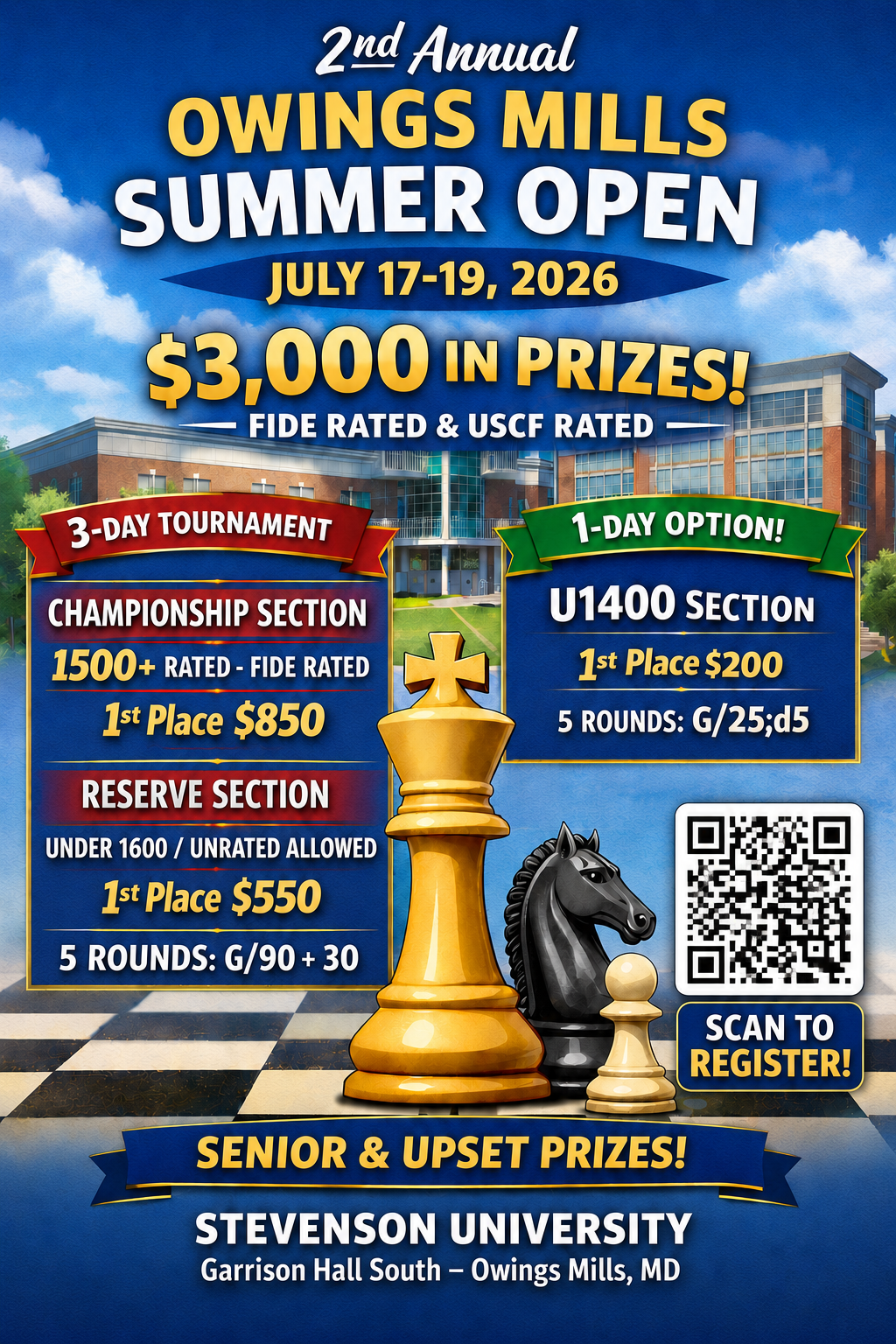 2nd Annual Owings Mills Summer Open $3,000 Prizes, FIDE Rated