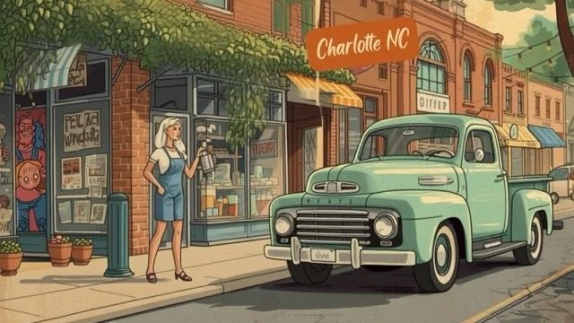 Illustration of a woman reading a book on a city sidewalk in Charlotte, North Carolina, with an old-fashioned green pickup truck parked nearby and store fronts in the background.