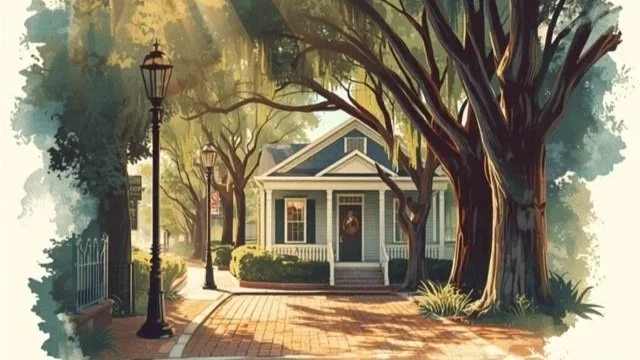 A charming blue house with a front porch decorated with a wreath, surrounded by large trees and street lamps, in a peaceful neighborhood.
