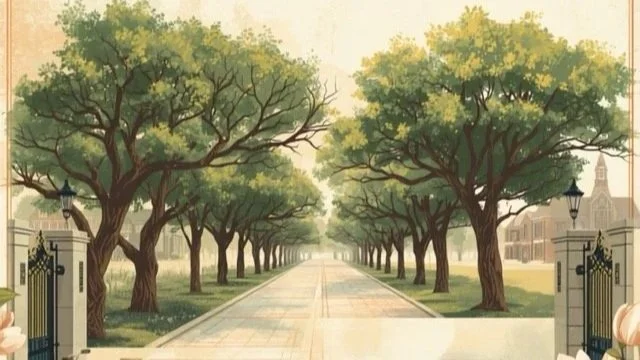 A sunny park scene with a paved walkway lined by large trees on both sides, and a wrought-iron gate at the entrance.