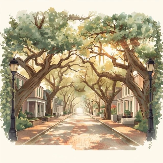 Illustration of a quiet neighborhood street with large trees arching over the road, vintage-style street lamps, and well-maintained houses on either side, bathed in warm sunlight.
