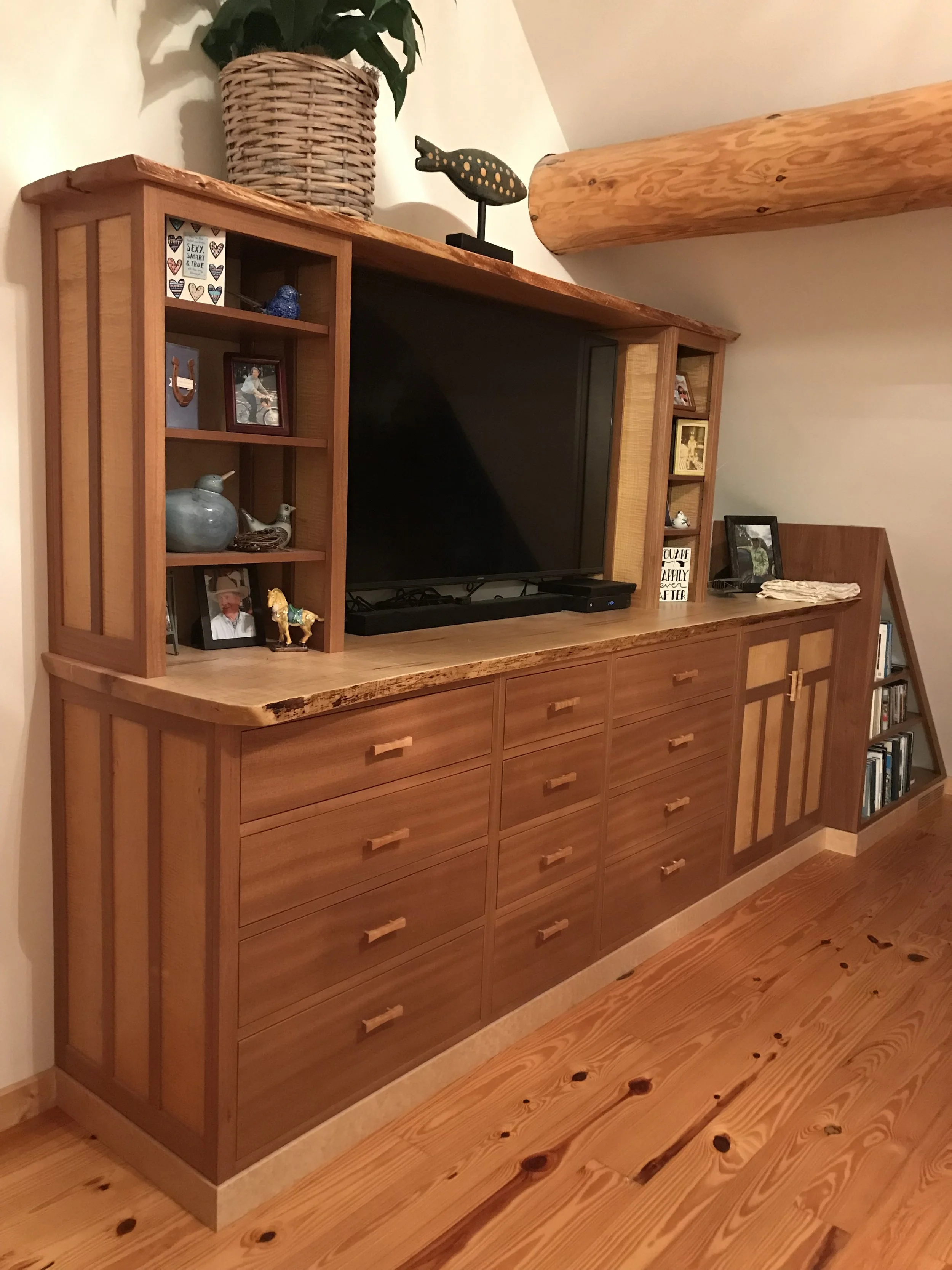 Sapele and quilted maple dresser and cubbies by Carpenter Ant LLC