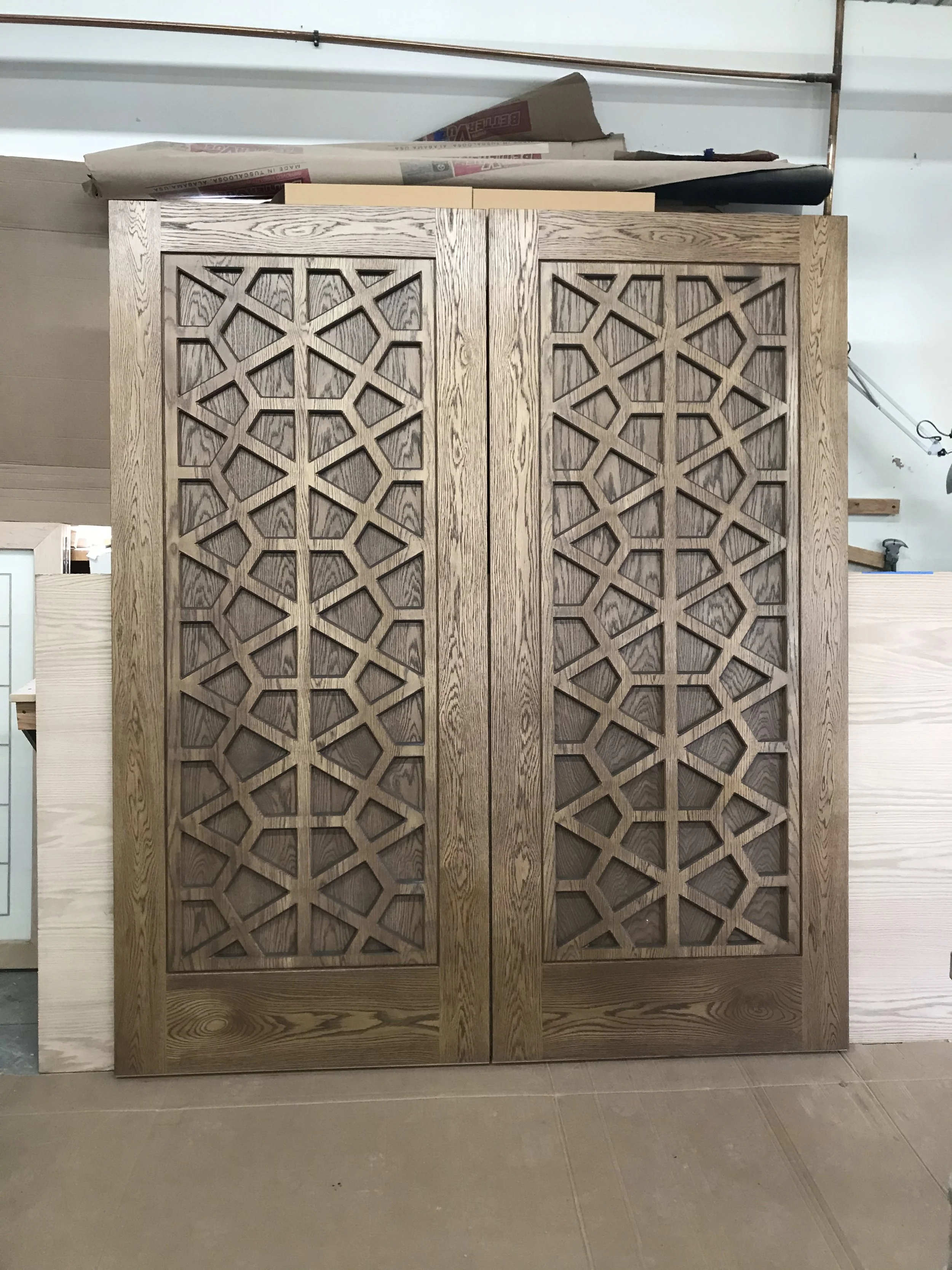 Retreat Center Doors in solid white-oak with architectural panels by Carpenter Ant LLC