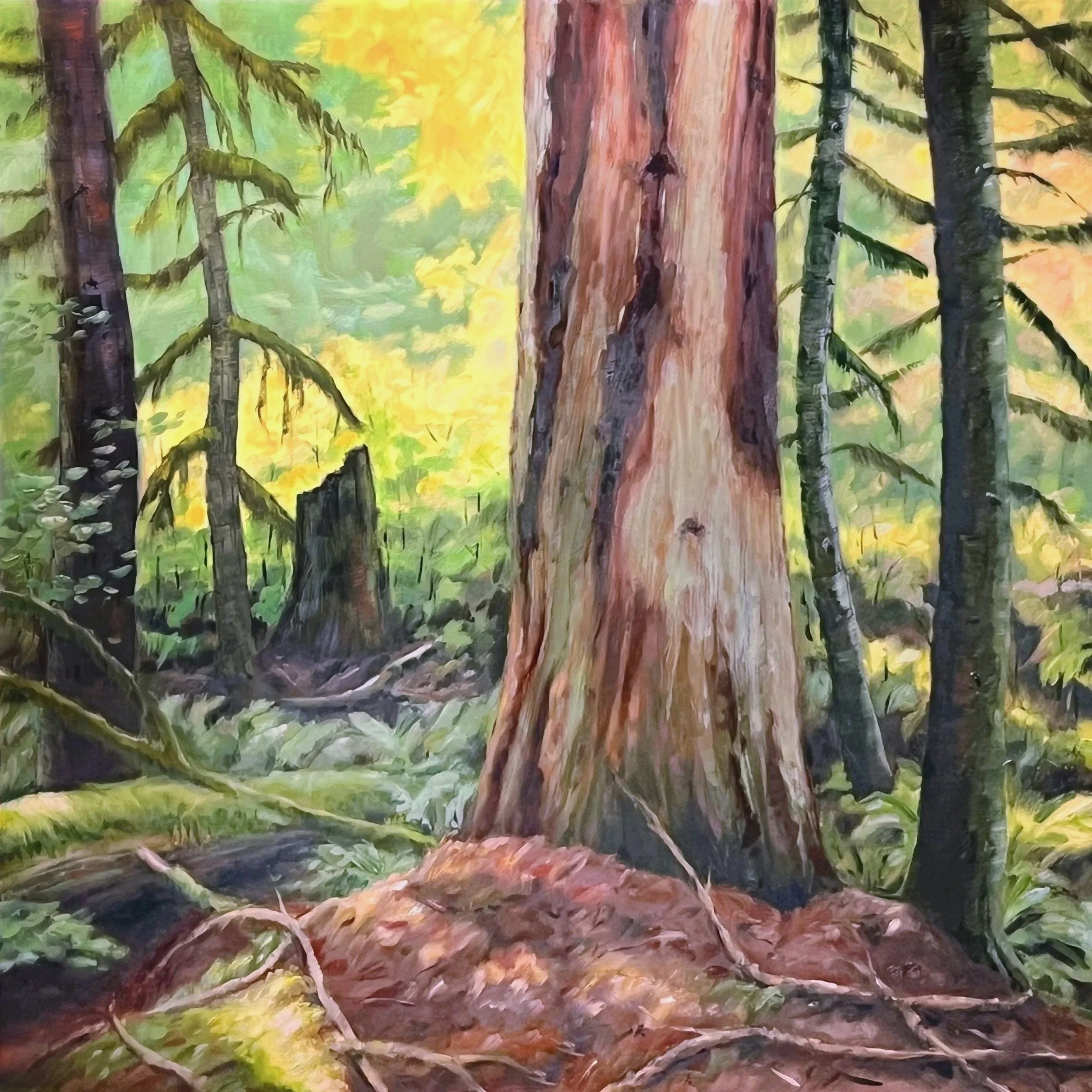 Old Stump in Forest - Mt Rainier National Park. Oil on Cradled Panel, 24 x 24 inches.
