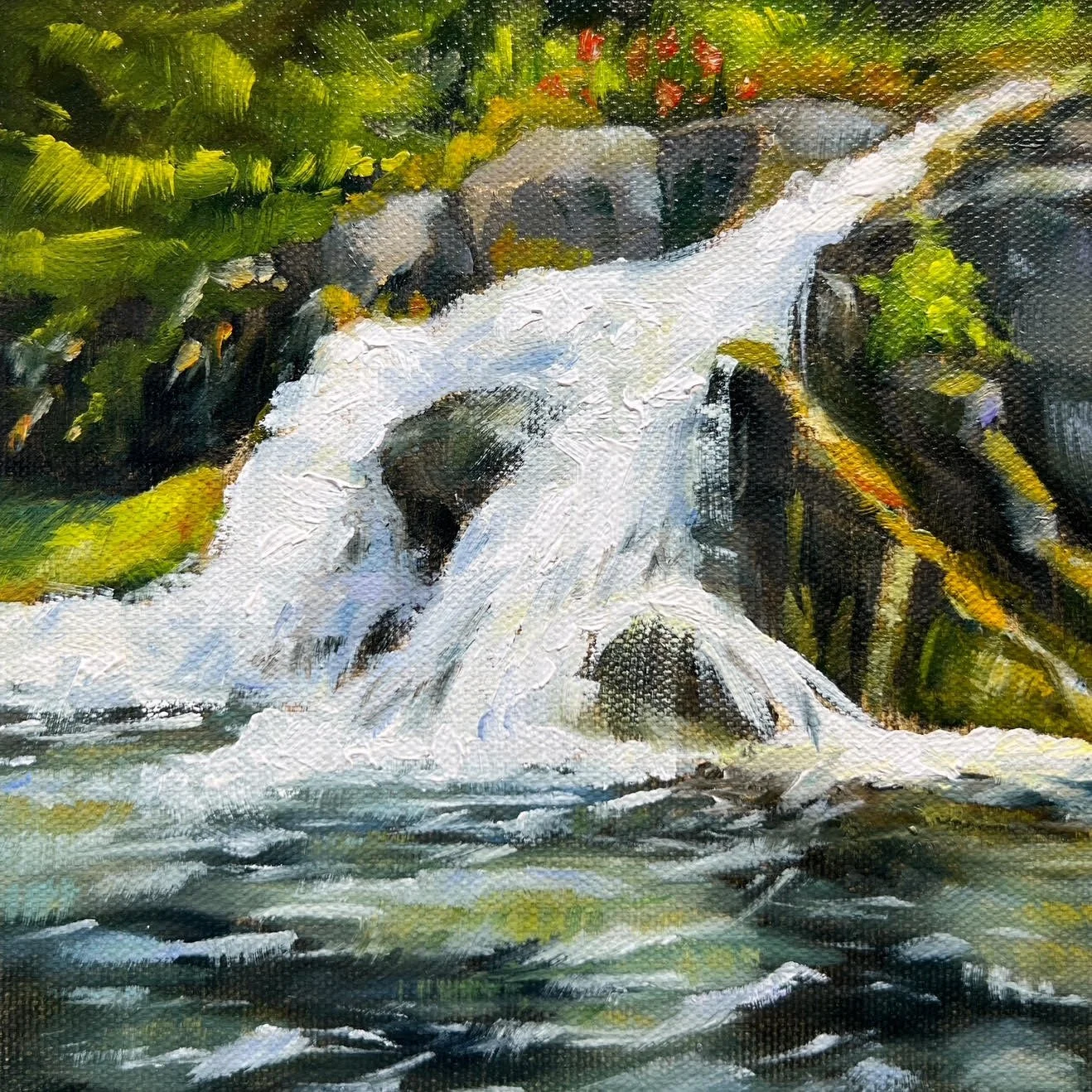 Paradise River Falls along Fourth Crossing Trail, Oil on Panel, 6 x 6 inches