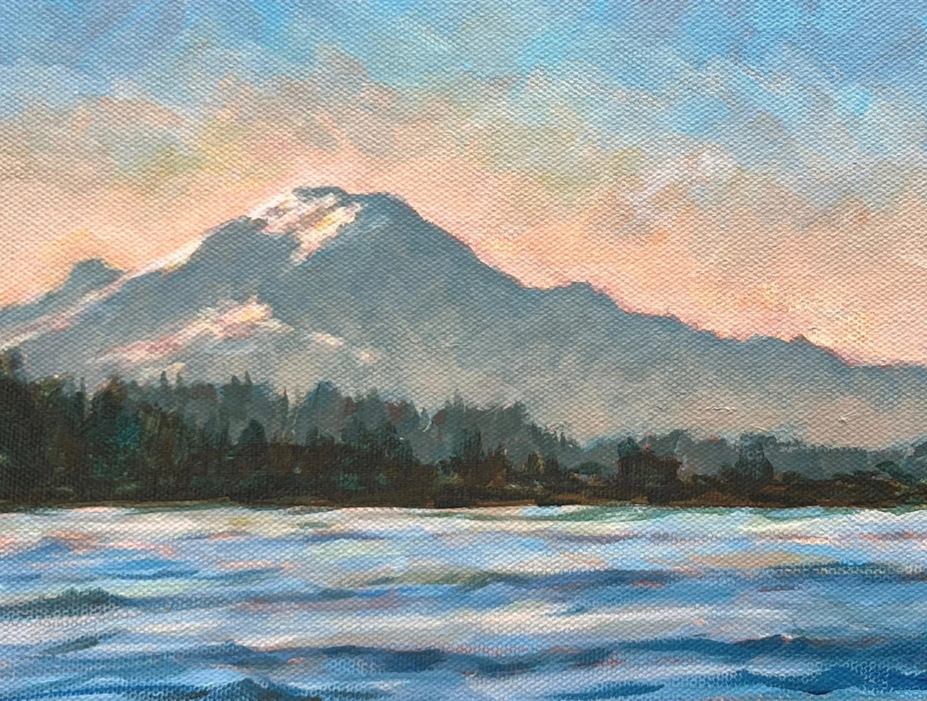 South Sound Sunrise on Mt. Rainier, Oil on Panel, 6 x 8 inches
