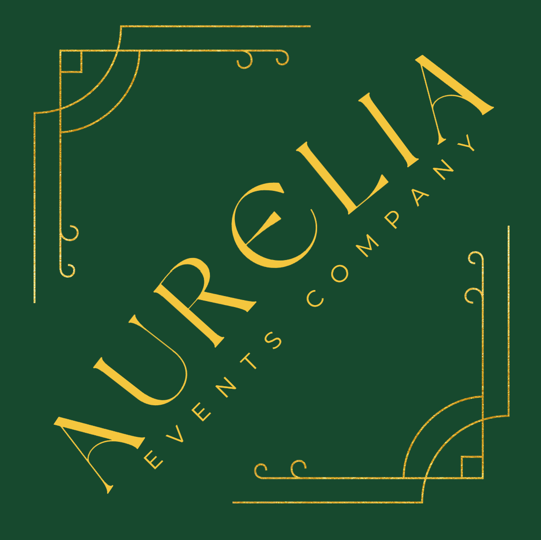 Green and gold logo for Aurelia Events Company, featuring elegant ornamental borders and stylized text.