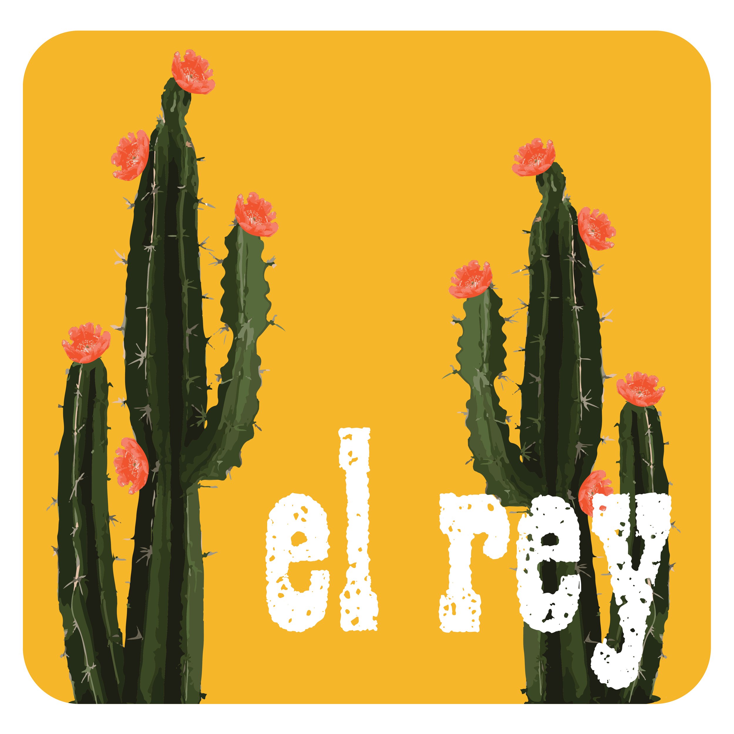 Illustration of two green cacti with pink flowers, and the word "ellaxy" written in white distressed letters on a yellow background.