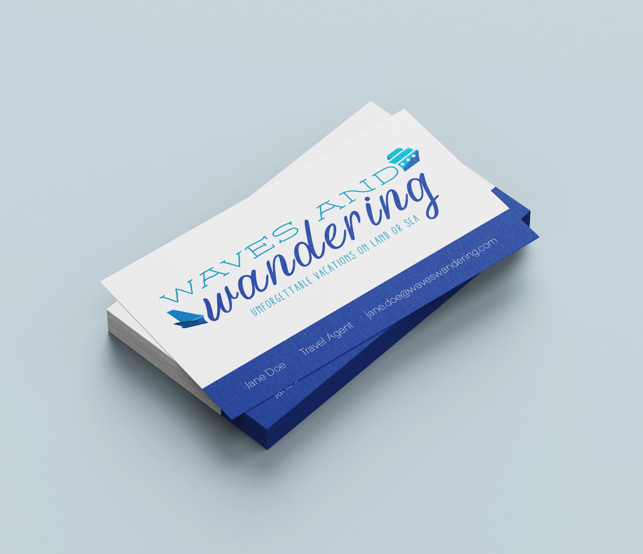 Stack of business cards for Waves and Wandering travel agency with blue and white design, including contact info for Jane Doe, a travel agent.