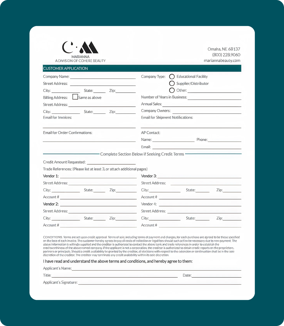 Customer application form for Marianna Cohere Beauty, includes sections for company information, billing, and vendor details, with checkboxes for company type and fields for contact and credit information, placed on a teal background.