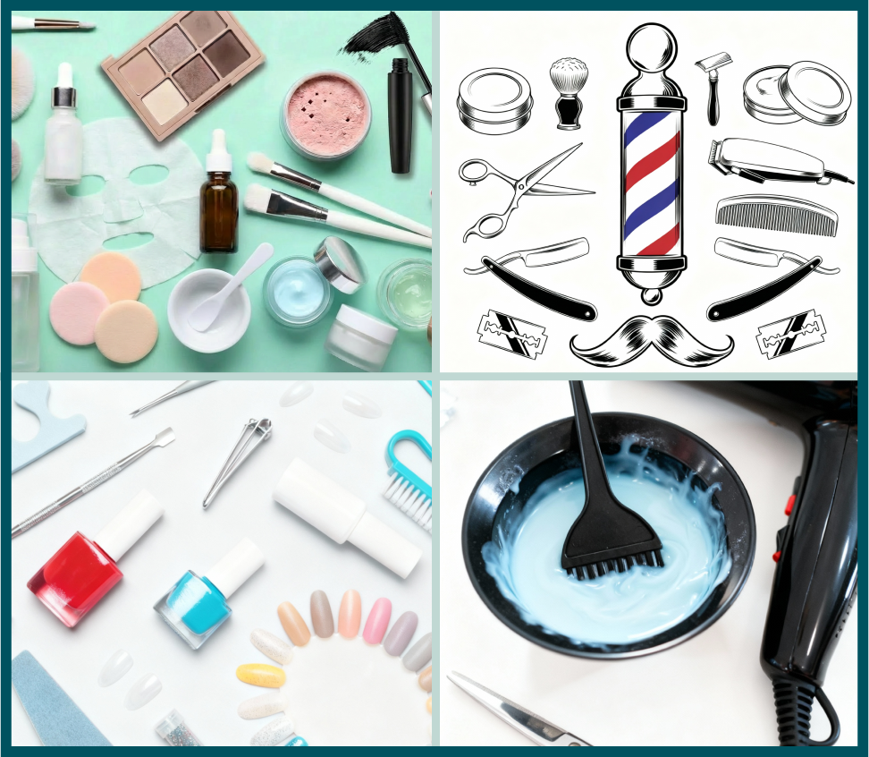 Top left: collection of skincare and cosmetic products including brushes, creams, powders, and serum bottles. Top right: black and white drawing of barber tools and grooming items including scissors, razors, a spray bottle, and a mustache illustration. Bottom left: nail polish bottles, nail swatches, and manicure tools on a white surface. Bottom right: pan with white wax or cream being melted and stirred with a black spatula and hairdryer nearby.