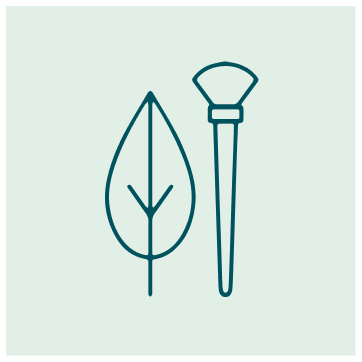 Line drawing of a leaf and a gardening trowel on a light green background.