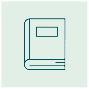 Outline drawing of a closed book with a rectangular label on the cover.