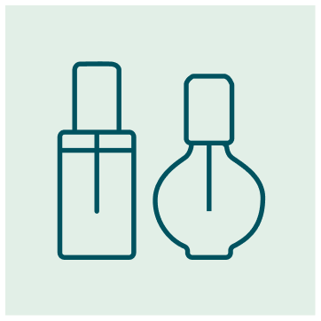 Line drawing of a lipstick tube and a nail polish bottle on a light green background.