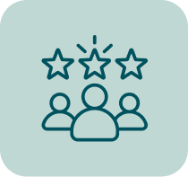 Three stars above a group of three people, representing a rating or review.