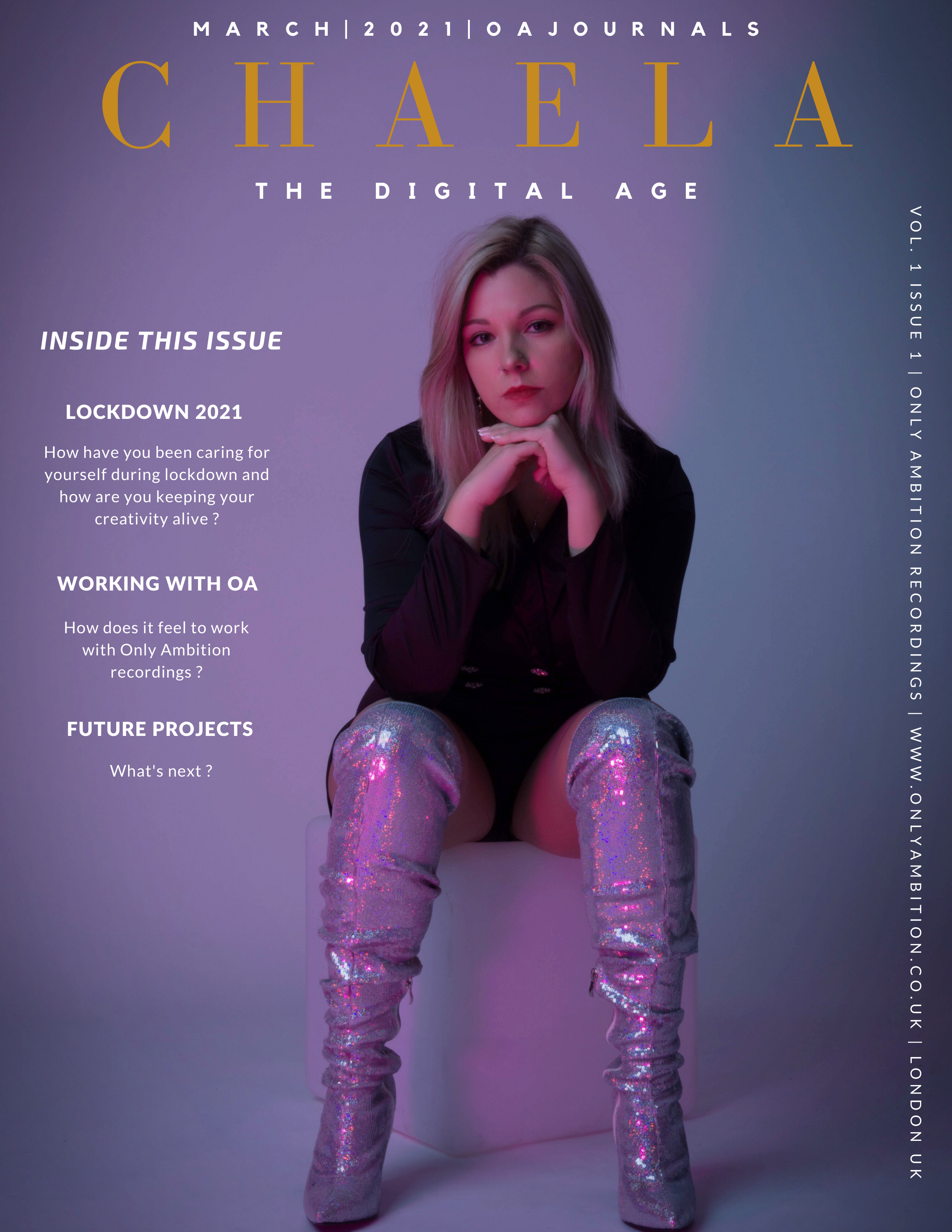 Magazine cover featuring a woman with blonde hair, sitting on a white cube, wearing a black outfit and shiny, glittery thigh-high boots, with purple background and gold and white text.
