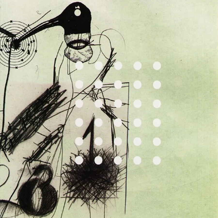 A sketch of a bird with a targeting scope, scribbled lines, and overlay of white dots, with some abstract elements.