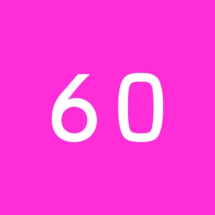 White number 60 on a pink background