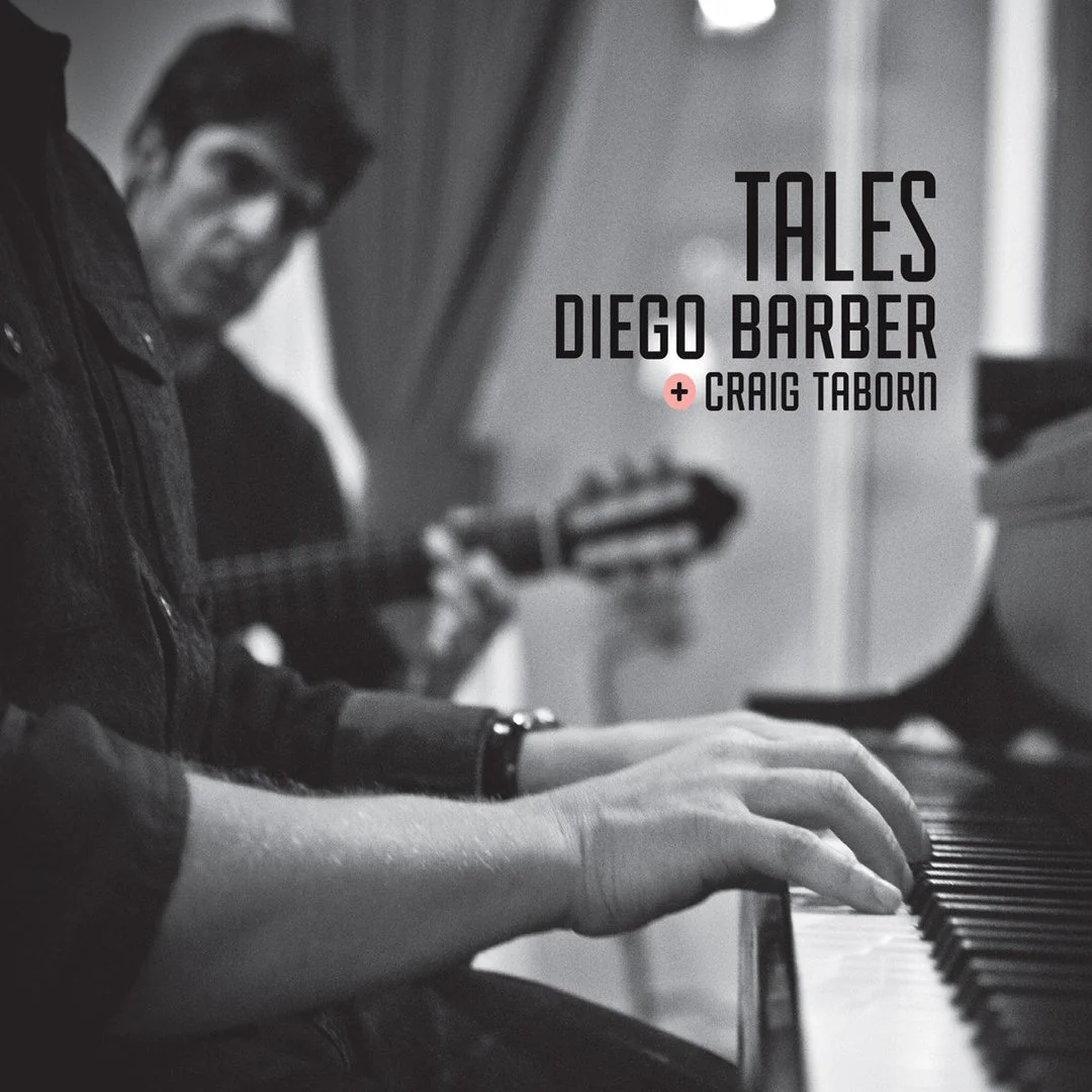 Black and white photo of a man playing piano with another person in the background playing guitar, with text overlay for 'Tales Diego Barber + Craig Taborn'.