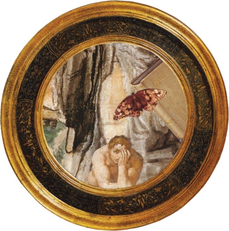 Round ornate mirror reflecting a painting of a nude man with his hand on his face, a butterfly, a book, and a rocky landscape background.