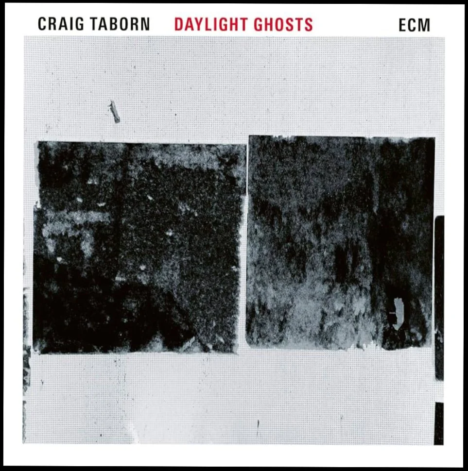 Black and white album cover for Craig Taborn's 'Daylight Ghosts' with an abstract textured pattern divided into two sections, with artist, album title, and label information at the top.