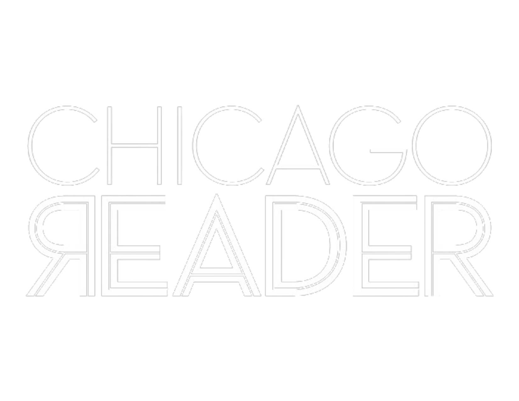 Neon sign spelling out 'CHICAGO READER' in stylized, outlined letters on a black background.