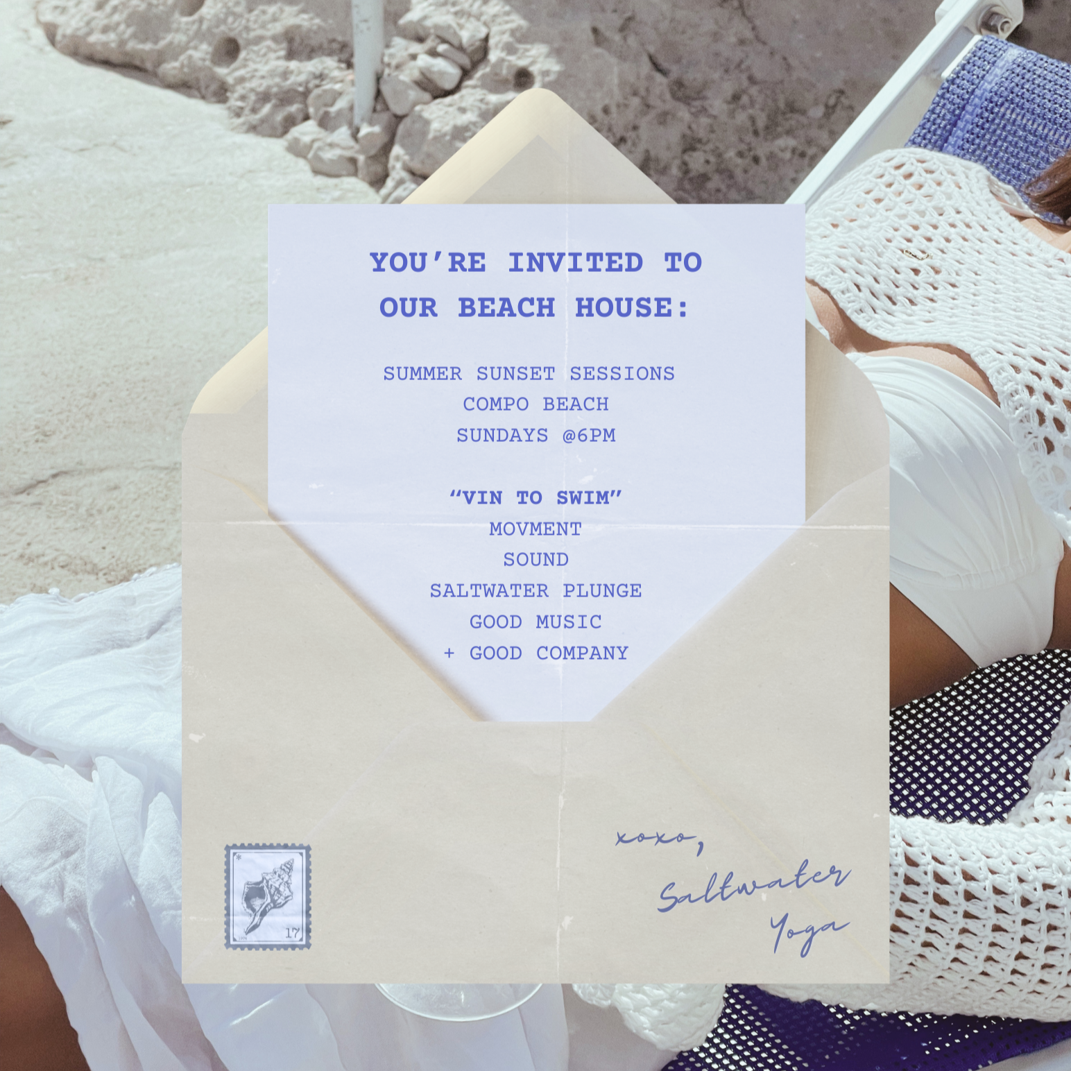 Invitation letter for beach house summer sunset sessions at Compo Beach on Sundays at 6 PM, with activities like saltwater plunge, movement, sound, good music, and good company.