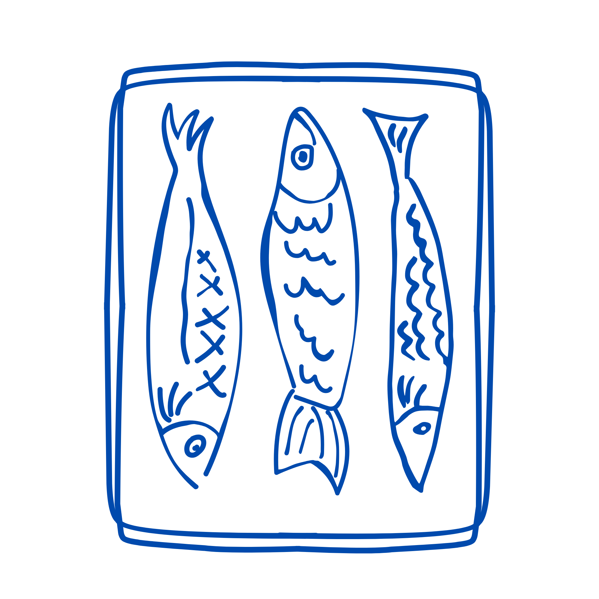 Blue line drawing of a box with a fish inside.