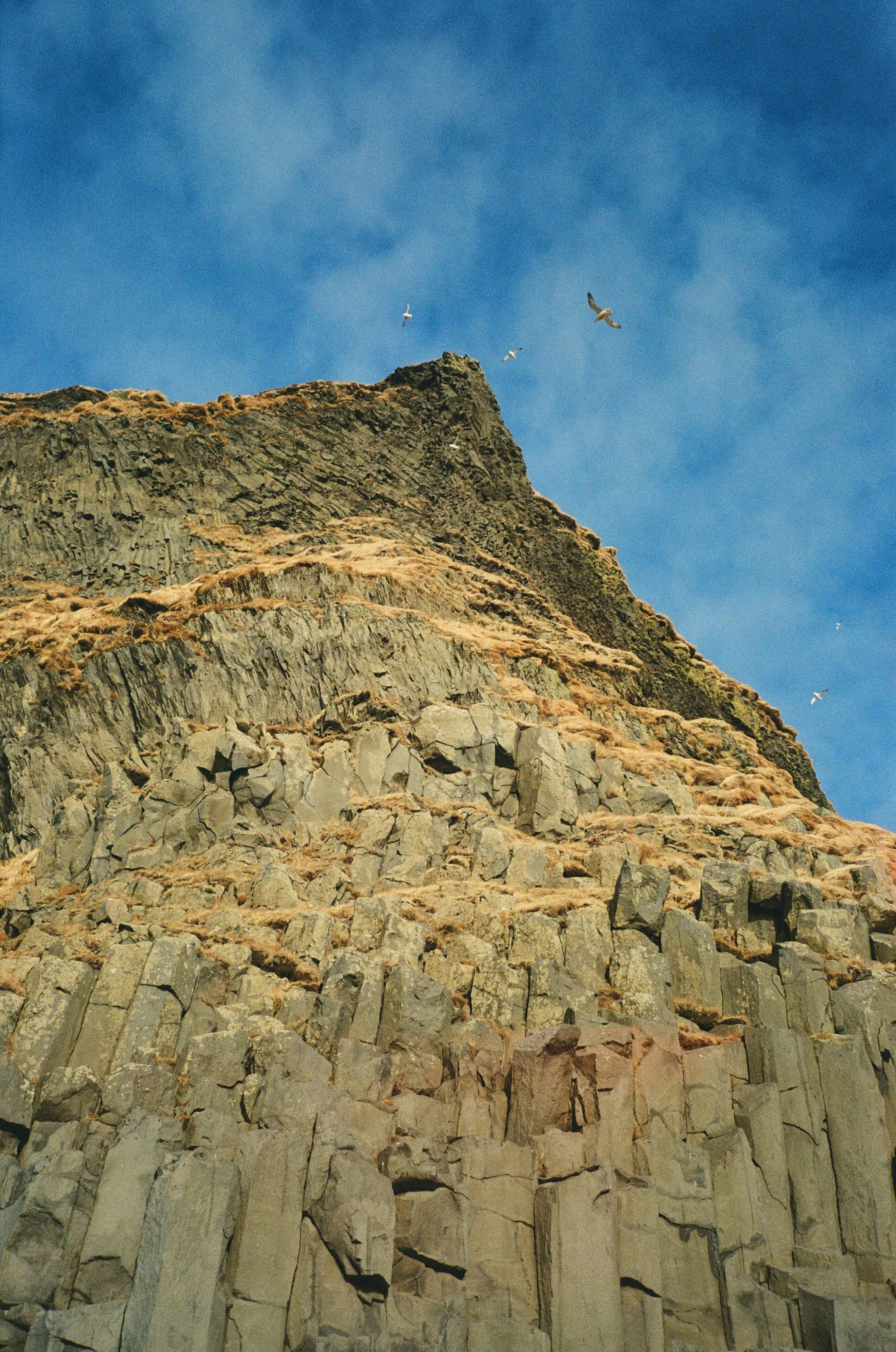 Close-up of a rocky cliff with layered, vertical rock formations at the bottom, and a rugged, stratified mountain ridge at the top under a clear blue sky with a few white birds flying.