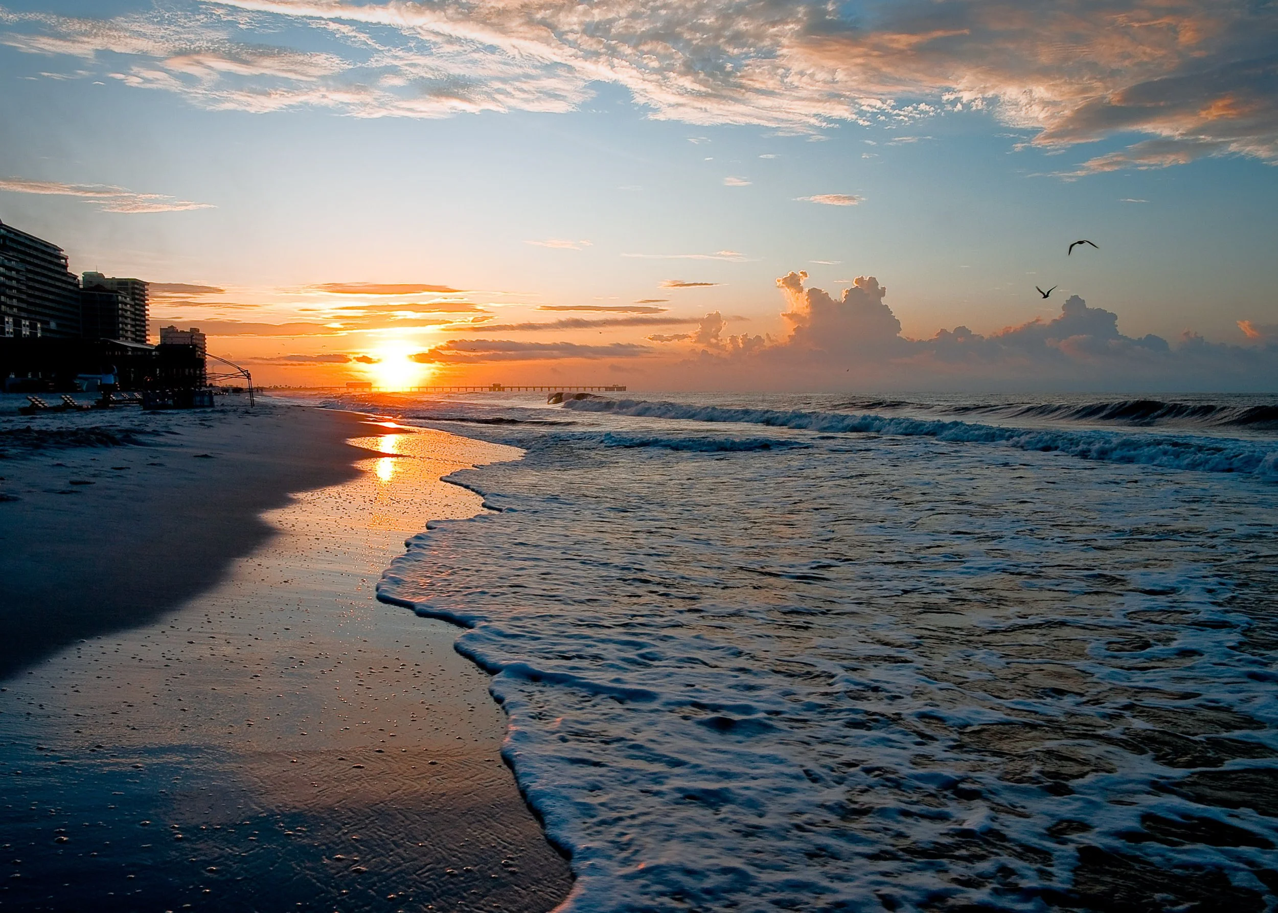 Radiant Margin

Early morning sun rising over the Gulf of Mexico in Gulf Shores, Alabama, with foamy waves along the shoreline and birds in flight.