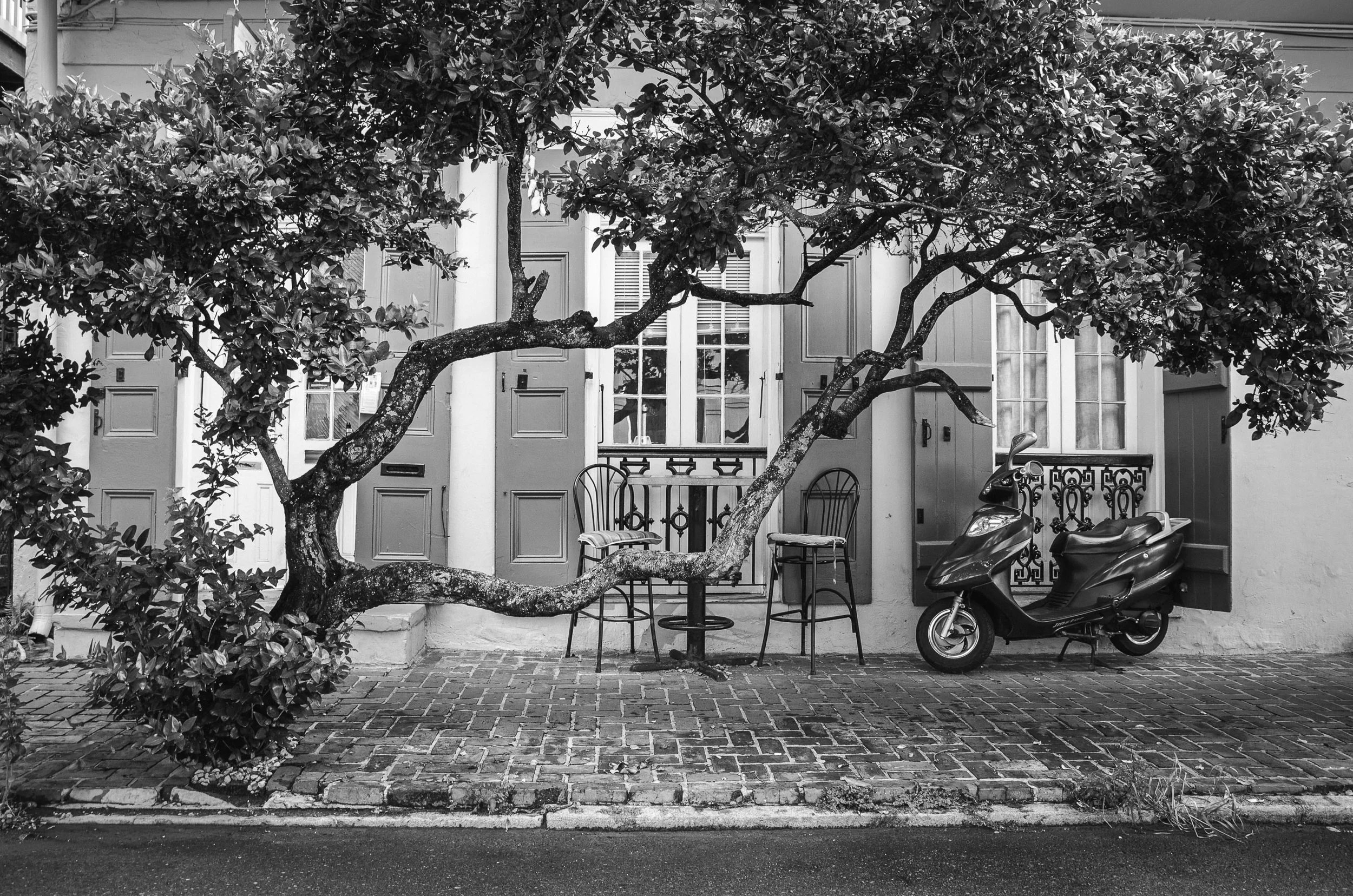 Quiet on Ursulines

Black-and-white photograph of the Inn on Ursulines in New Orleans’ French Quarter. A low, sprawling tree frames the facade, where a small table, two chairs, and a parked moped sit along the brick sidewalk.