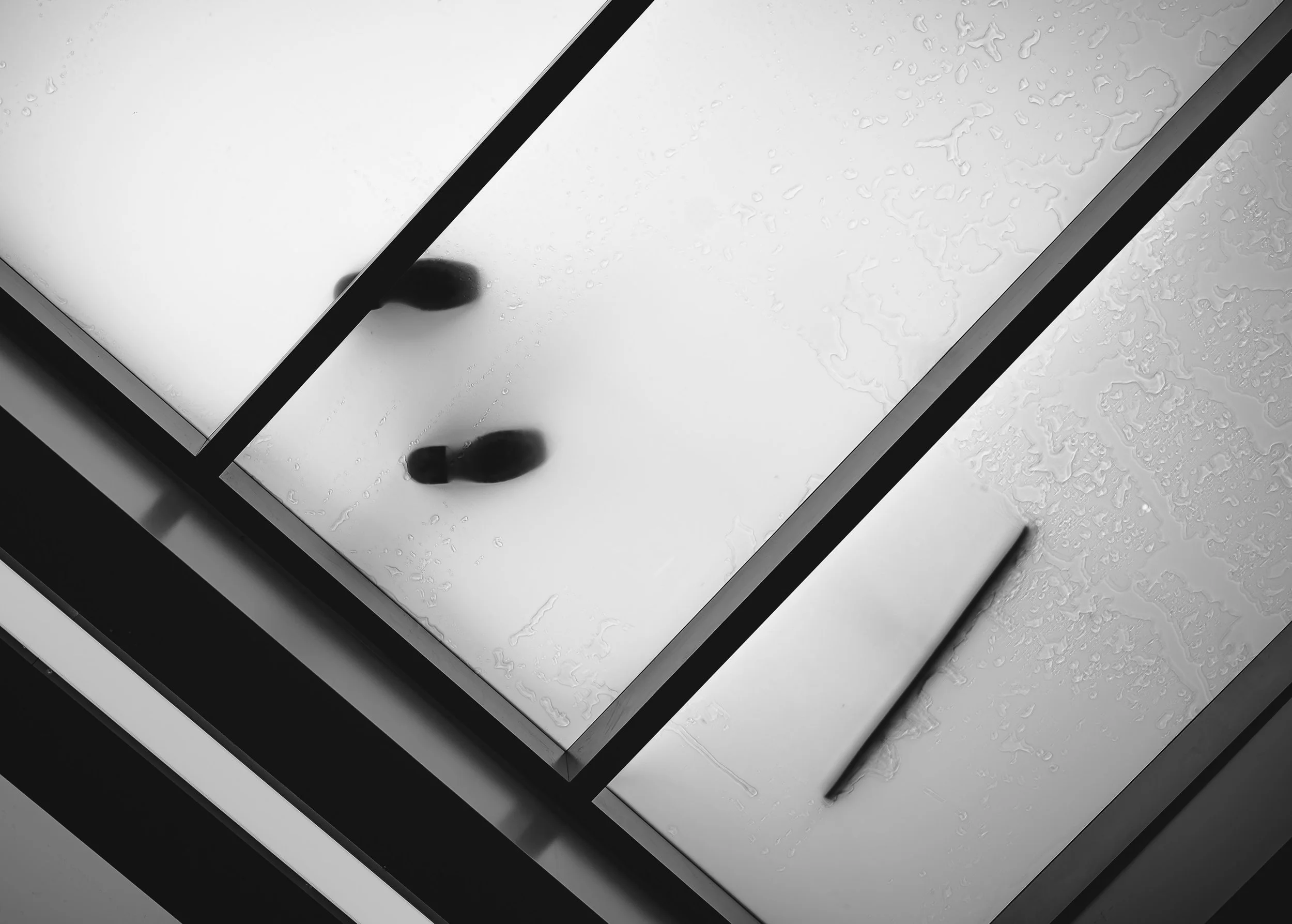 Surface Work

Blurred footprints and a squeegee seen through wet glass panels divided by dark structural lines.