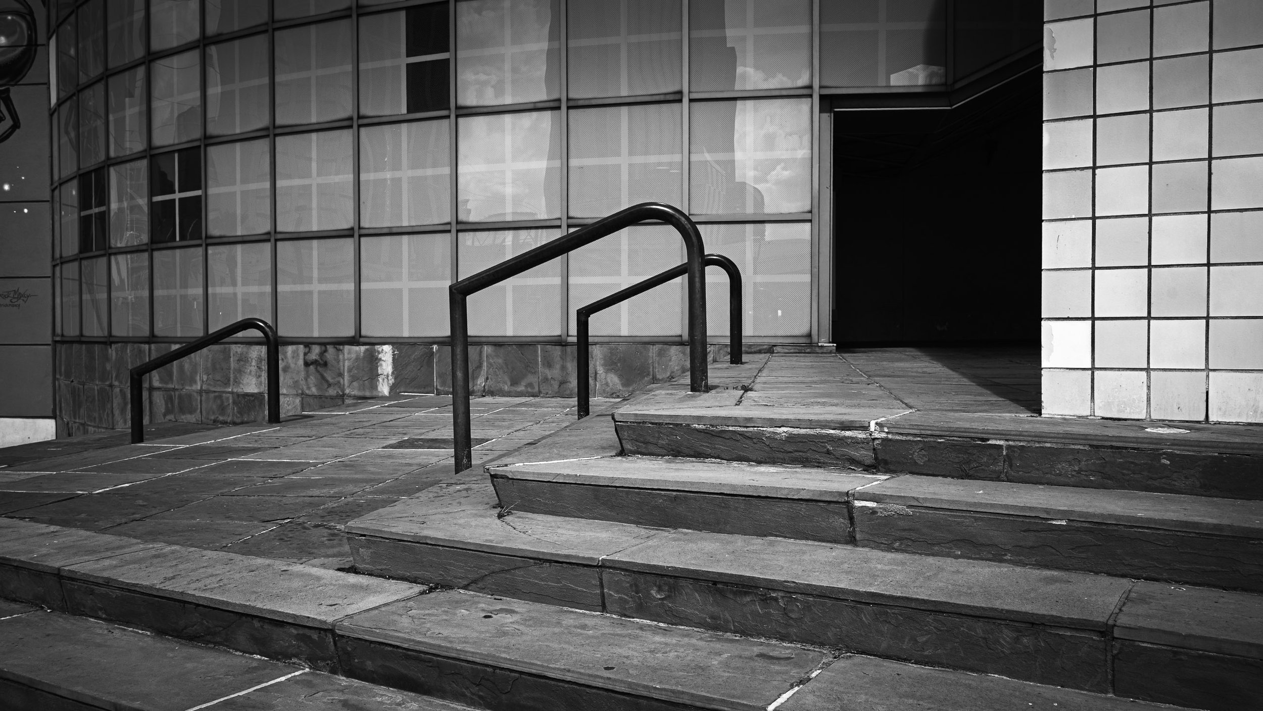 Lines of Ascent

Black-and-white photograph of stone steps and metal handrails leading to the entrance of a modern building with tiled walls and a curved glass facade.