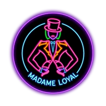 Logo en néons d'une femme en costume, portant un chapeau, avec le texte "Madame Loyal".