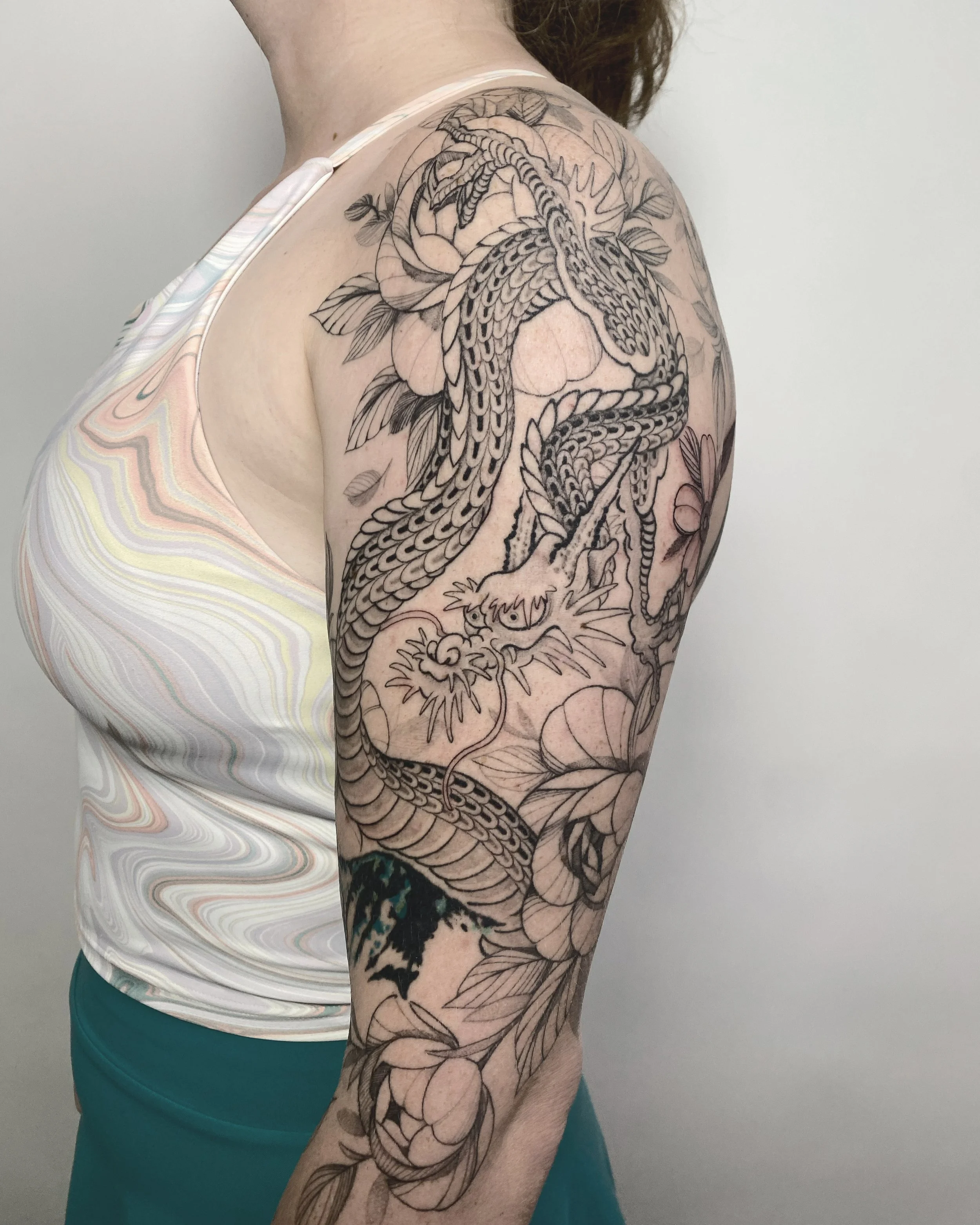 asian dragon, eastern dragon , peonies tattoo, Japanese tattoo, half sleeve tattoo , girl tattoo, feminine tattoo, sleeve tattoo, Japanese sleeve tattoo