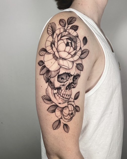 skull tattoo ,peonies , rose tattoo, flower tattoo, rose tattoo half sleeve , man tattoo idea, roses 