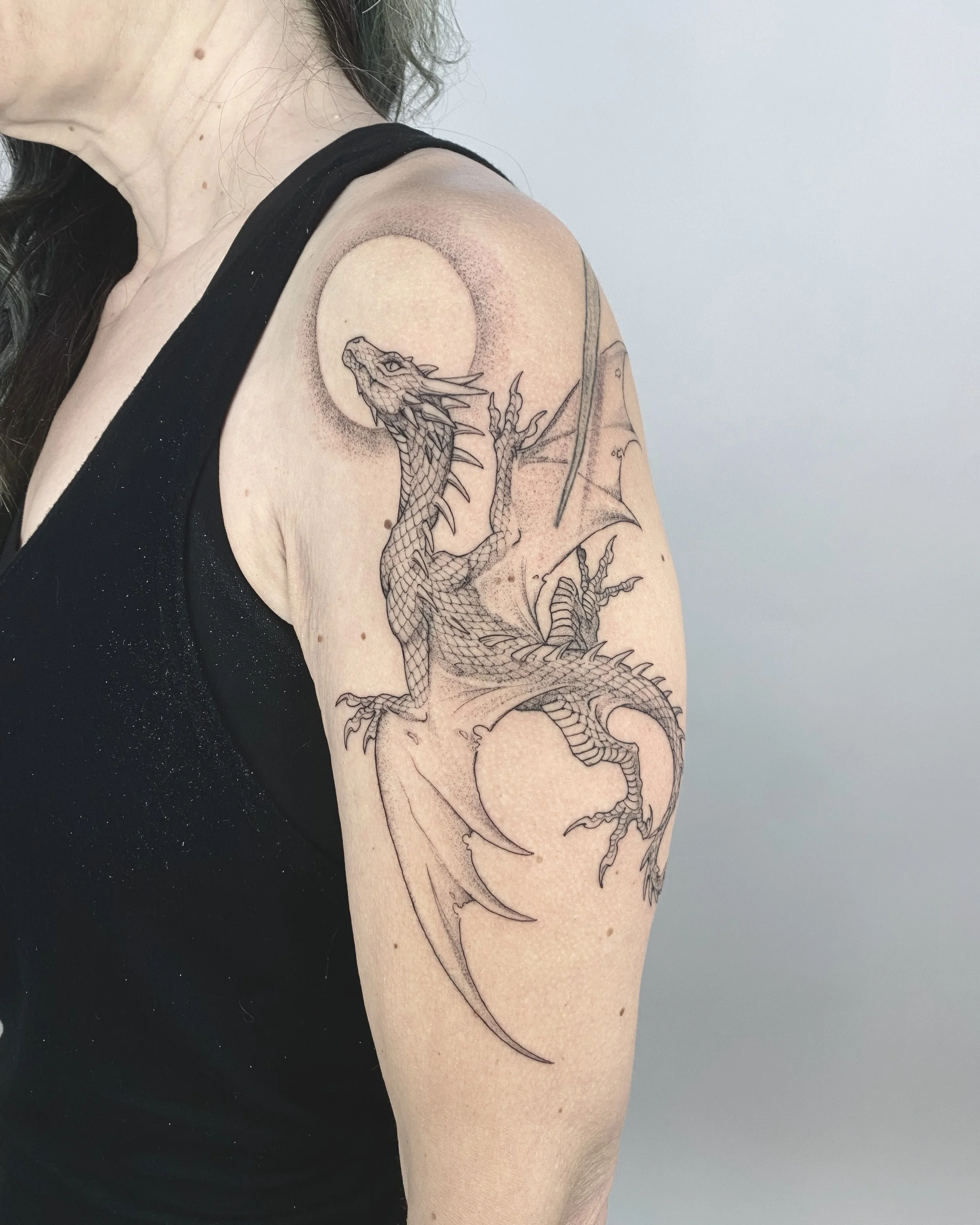 fantasy dragon , western dragon, fine line tattoo, feminine tattoo, dragon tattoo 