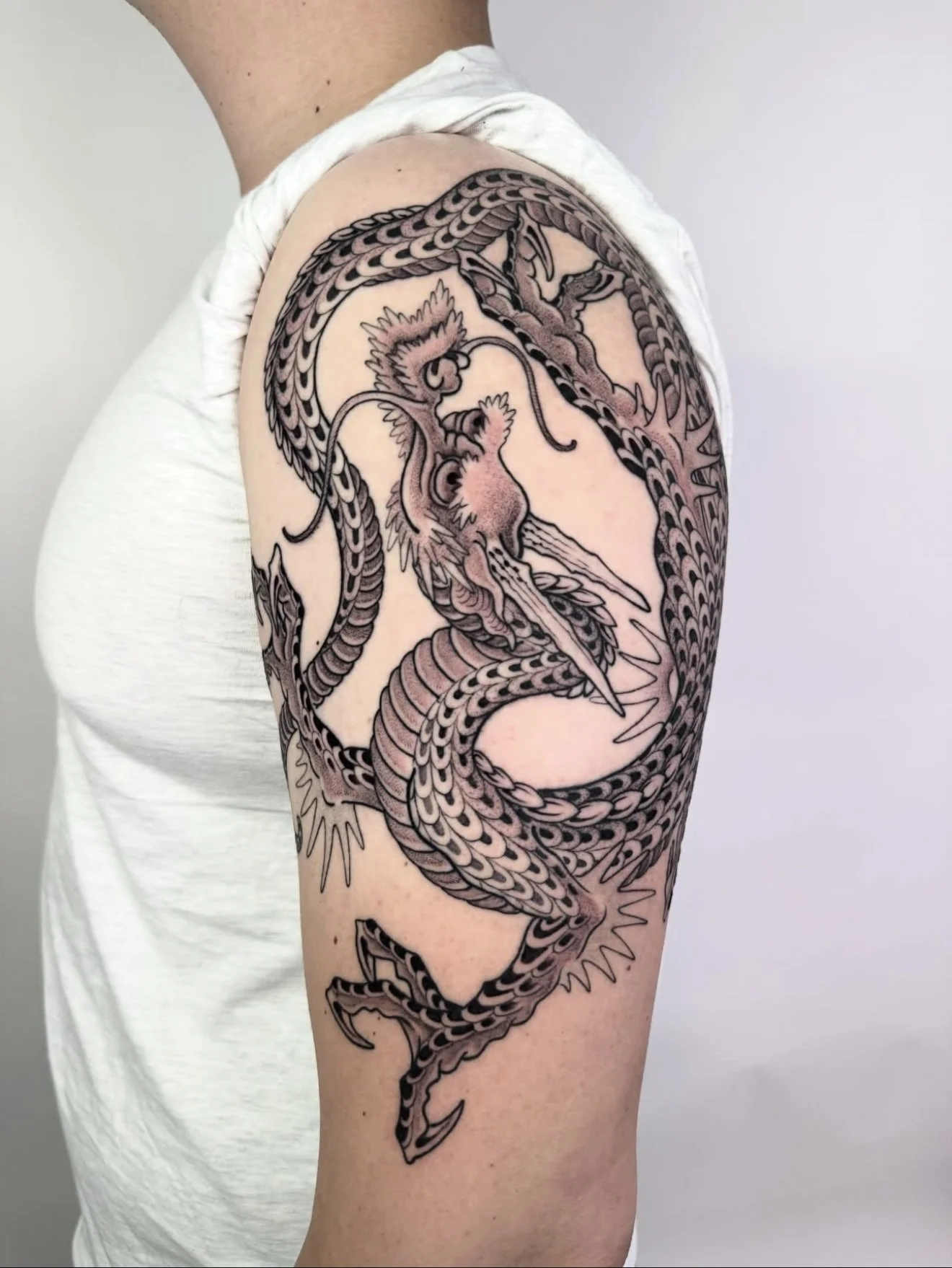 dragon tattoo Japanese , half sleeve ,asian dragon, black and gray , Denver tattoo