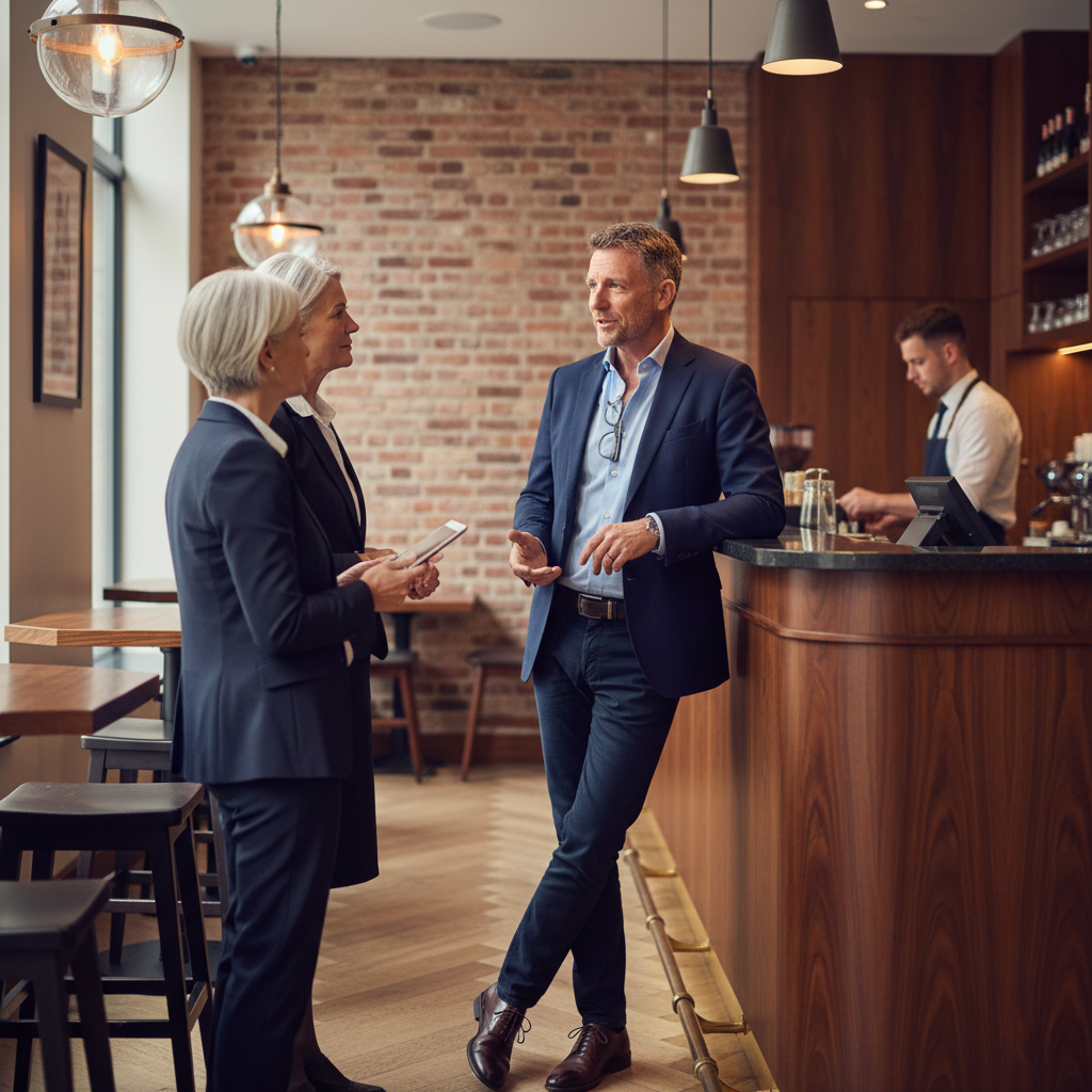 Three people engaged in a conversation at a coffee shop counter, with a barista preparing drinks in the background.