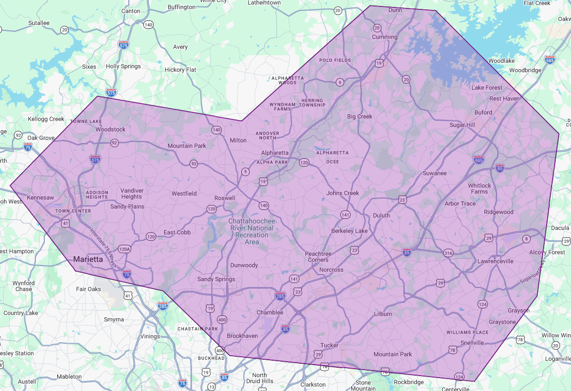 Service Area Map that shows a highlighted area of the Northeastern Atlanta area serviced by CJ Cleaning Services