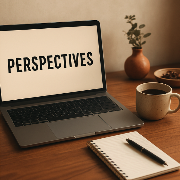 Laptop displaying the word "PERSPECTIVES" on the screen, placed on a wooden desk along with a notebook and pen, with a cup of coffee, a small vase with greenery, and a snack bowl in the background.