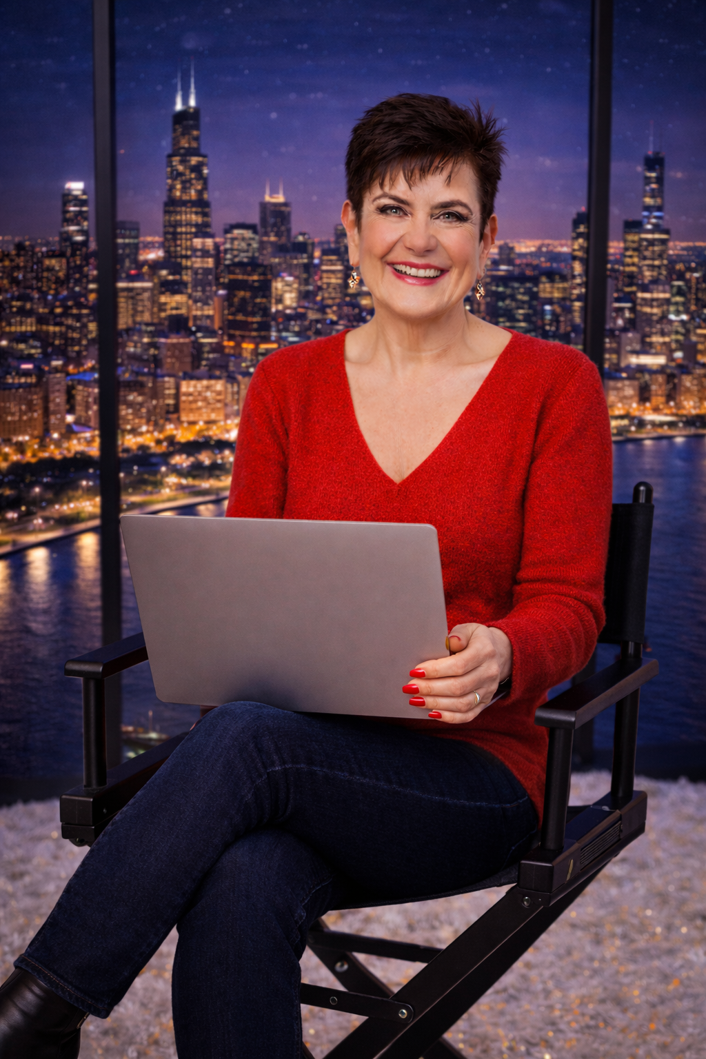 A woman with short dark hair, wearing a red sweater and dark jeans, sitting on a director's chair in front of a city skyline at night. She is holding a laptop, smiling, with city lights and skyscrapers in the background.