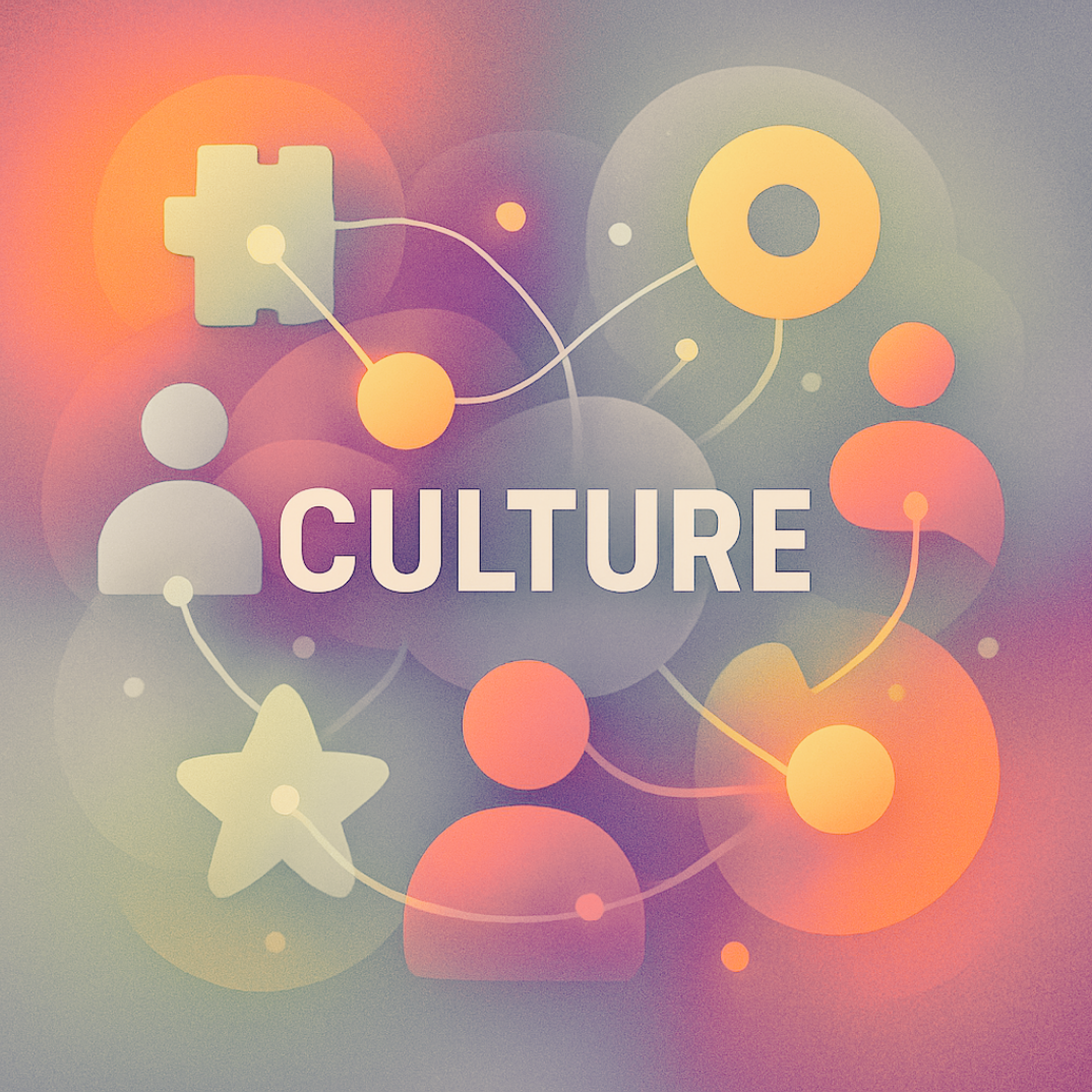 Abstract digital artwork with interconnected icons representing people, stars, puzzle pieces, and circles around the word 'CULTURE' in the center.