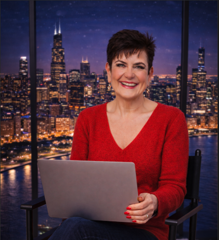A woman wearing a red sweater, sitting at a desk with a laptop, smiling in front of a night cityscape with tall buildings and a river.