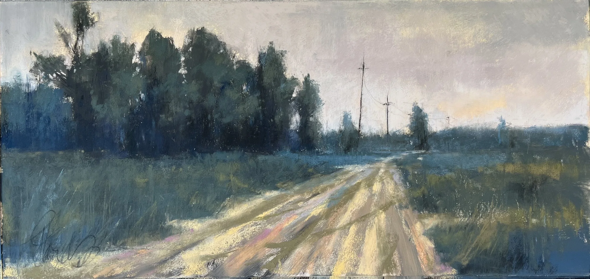 A landscape painting of a dirt road leading through green fields and trees, with two utility poles and a cloudy sky in the background.